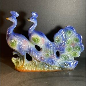 Large Vtg Double Peacock Ceramic Figurine Lusterware Iridescent